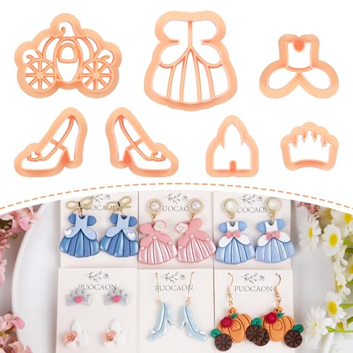 Puocaon Princess Polymer Clay Cutters - 7 Pcs Clay Cutters for Polymer Clay Jewelry, Pumpkin Carriage Clay Earring Cutters, Glass Slipper Fairytale Clay Cutters, Crown Shape Polymer Clay Cutters