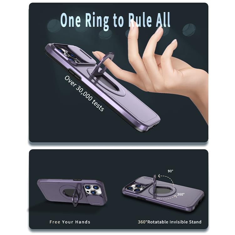 Image of LuxuryKase MagSafe Shockproof Rugged Back Case for iPhone 15 Pro Max | Finger Ring Kickstand & Sliding Camera Cover | Military Drop Protection | Wireless Charging Support - Purple