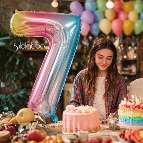 Image of Rainbow Gradient Number 7 Balloon 40 Inch Big Large Balloons 0-9 | 7th Helium Foil Mylar Number Balloons for Birthday Anniversary Party Decorations