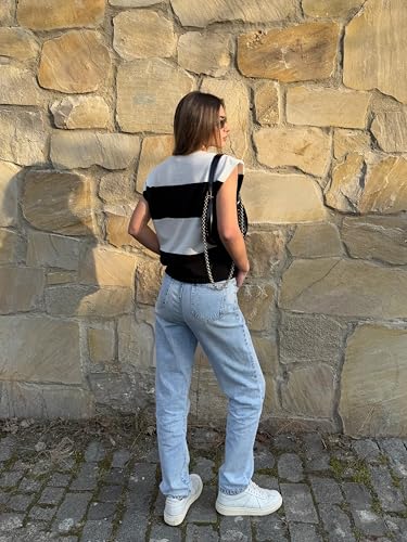 Image of HVT Womens Sweater Vest Cap Sleeve Tops Summer Loose Fashion Vest Striped Casual Shorts Sleeve Color Block Top Trendy Blouses Black