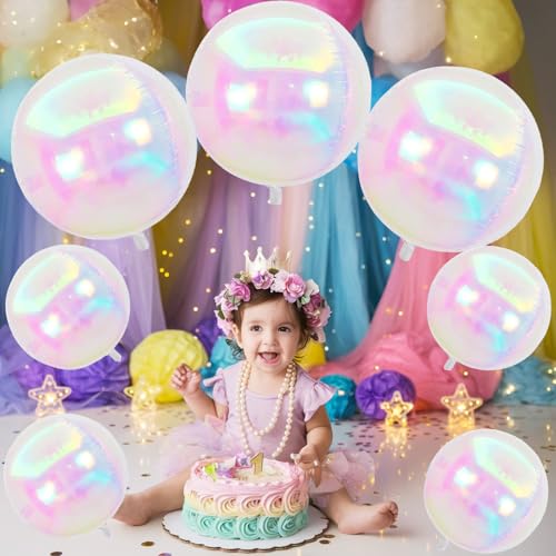Image of Iridescent 4D Balloons 22 /10 Inch Large Holographic Round Foil Ball Balloon Iridescent Mylar Aluminum Balloons for Girls Princess Mermaid Birthday Wedding Baby Shower Rainbow Party Decorations