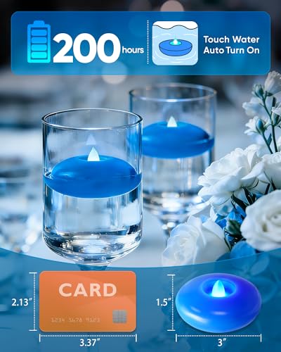 Image of Homemory 12 Pack 3 inch Flameless Led Floating Candles, 200 Hour Blue Battery Operate Waterproof Tealights for Cylinder Vases, Centerpieces at Wedding Decor, Party, Pool