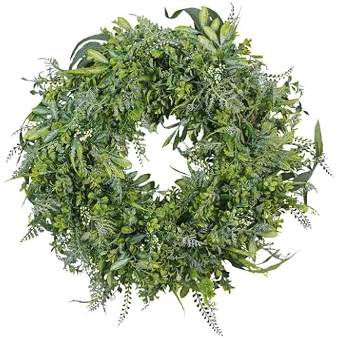Boxwood Wreath - 24in Christmas Wreaths UV Resistant for Front Door- Greenery Hanging Garland for Home Wedding Wall Window Decoration (Wreath-05, Spring) Cover