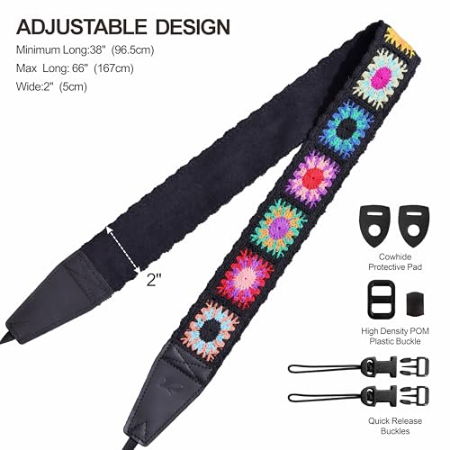 Image of Padwa Lifestyle Colorful Crochet Camera Strap - 2 inch Full Grain Leather Ends Camera Straps for Photographers, Vintage Embroidered Cotton Soft Suede Fabric Padded Strap Quick Release fits All Cameras