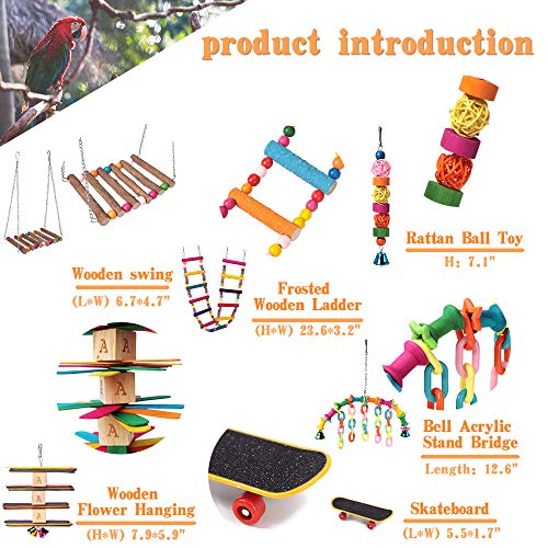 ShellKingdom Parrot Toys,Bird Hanging Wooden Ladder and Bird Hammock Chew Perches Cage Finch Toy with Bells for Bird Macaws Cockatiels Parakeets African Grey Parrot Lorikeets Conures