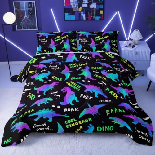 Image of QOOMO Jurassic Dinosaur Comforter Queen Size, Black Cartoon Animals Kids Bedding Set, Suitability Girs and Boys Black Decorate a Room 1 Comforter Set 2 Pillowcases