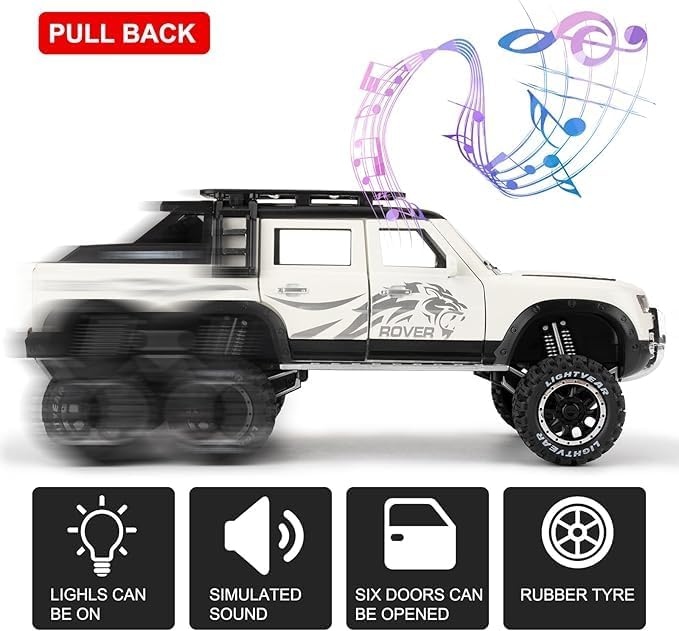 Image of 1:24 Scale Big Land Rover Defender Six Wheels Off-Road Pickup Toy Car | Metal Pullback Diecast Car for Kids with Openable Doors, Sound, Light Effects Toy (Color As Per Available)