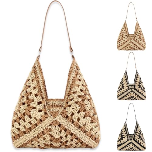 Summer Straw Bag for Women, Medium Beach Purse for Hand Woven, Vintage Straw Top Handle Bags, Wicker Handbag for Vacation