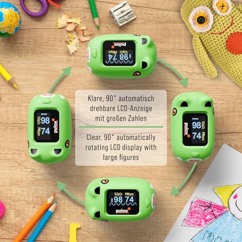 Pulox PO-230 in Grün, Pulsoximeter für Kinder, mit Klebemuster, Messung von Sauerstoffsättigung...
