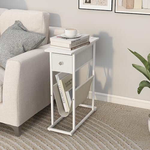 Image of EXOTICA Narrow Side Table for Small Spaces Slim White End Table with Magazine Holder Nightstand with Charging Station and Fabric Drawer 2 in 1 Design Sofa Side Table for Living Room Bedroom