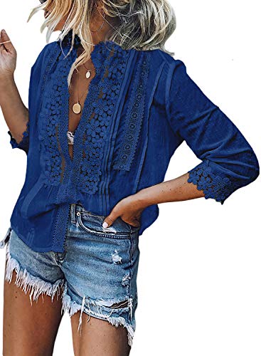 lapsy Womens Lightweight Lace Crochet Blouses for Women V Neck 3/4 Sleeve Button Down Shirts Casual Loose Blouses Tops Blue XL Plus Size Big Women