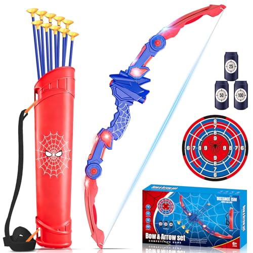 Spider brinquedos crianças 3 4 5 6 7 8 9 10 anos, arco e flechas para crianças com luzes LED vermelhas e azuis, carcaça, alvo teia de aranha, jogos ao ar livre crianças 3-12 Anni, presente de