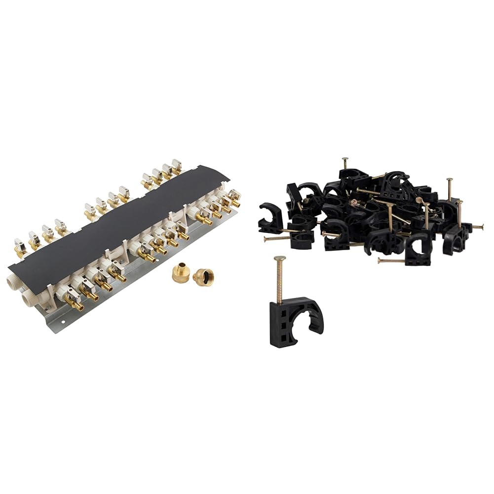Apollo PEX 6907924CP 24 Port PEX Manifold (3/4-inch Inlets, 1/2-inch Outlets) with Shutoff Valves & Highcraft ID234x50 Half Clamp J-Hook with Nail For Pex Tubing Pipe Support, 1/2 in, Black