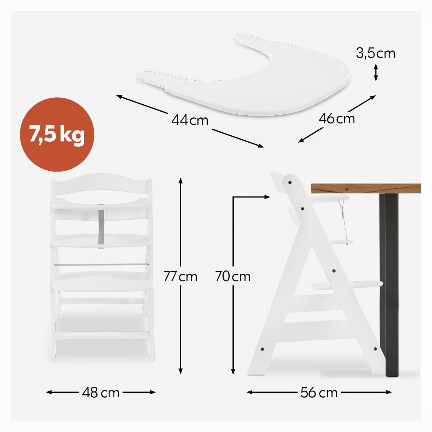 hauck Alpha+ Hochstuhl aus Buchenholz inkl. Klick Essbrett & Sitzkissen - Mitwachsender Kinderhochstuhl ab 6 Monaten bis 90 kg, Höhenverstellbar, mit 5-Punkt-Gurt, Schrittgurt & Essbrett, TÜV-geprüft