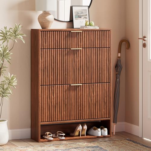 Evermagin 31.5''W Walnut Shoe Cabinet Storage with Drawer for Entryway, Fluted Slim Shoe Dresser with 2 Flip Drawers, Narrow Shoe Rack Cabinet, Hidden Shoe Organizer Cabinet for Entrance, Hallway