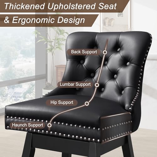 Image of 26 inch Counter Height Swivel Bar Stools, Faux Leather Upholstered Kitchen Bar Chairs with Back, Tufted Seat, Solid Wood Legs (Black, 26 inch H Seat, Set of 4)