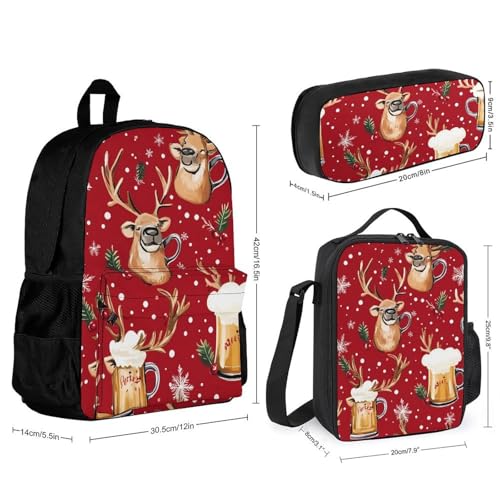 Beer Mugs Reindes Red Christmas Backpack 3 Set with Lunch Bag Insulated Shoulder Meal Tote Bags Pencil Case Box Casual Daypack2