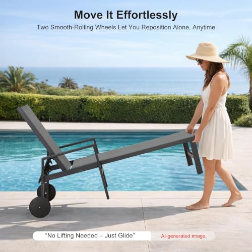 Image of PURPLE LEAF Outdoor Chaise Lounge with Wheels Armrests, 2-Piece Set, Grey