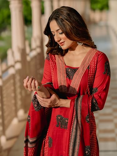 Image of Arayna Women's Pure Cotton Printed Kurta Pants Dupatta Set | Elephant Motif Ethnic Suit Set | Traditional 3-Piece Set for Women