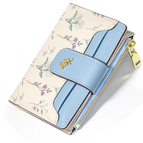 Image of YINHEXI Women's Wallet, Compact and Small Bifold PU Leather Card Holder, Mini Purse with Coin Pocket for Ladies, Girls (Floral Blue)