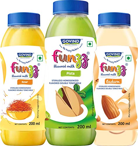 Image of Govind Funzz Flavoured Milk with Three Flavours - Badam, Pista & Keshar. 200ml Each, Pack of 12.