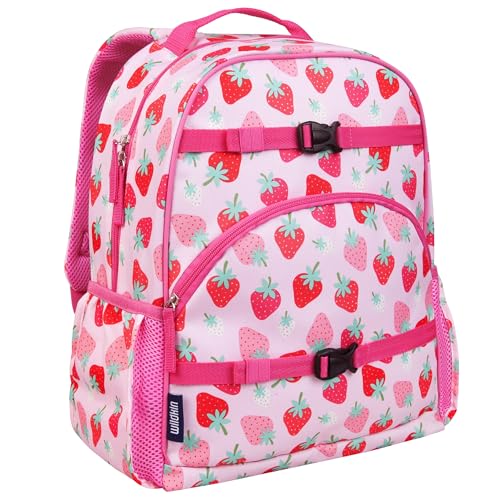 Image of Wildkin Kids Backpack for Boys & Girls, ECO rPET Recycled Lightweight 17 inch Large Bookbag with Padded Straps - Ideal for Middle School, Travel & Daycare, Ages 7-14 - Strawberry