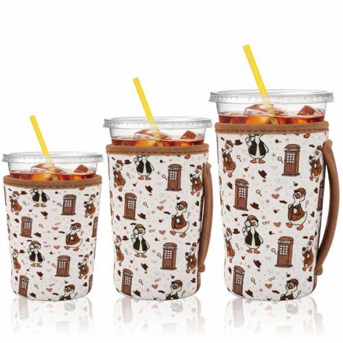Image of KJQJLY 3 Reusable Iced Coffee Sleeves for Iced Coffee Cups or Drinks Reusable Neoprene Insulated Sleeves for Hot and Cold Drinks from Starbucks, Dunkin, And More (Detective Duck)