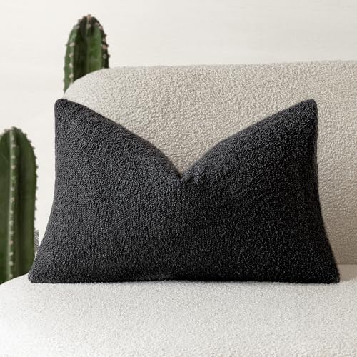 Image of Foindtower Decorative Textured Boucle Throw Pillow Covers Accent Solid Lumbar Pillow Cases Neutral Soft Cozy Couch Cushion Case for Chair Sofa Bedroom Living Room Home Decor 12 x 20 Inch,Black