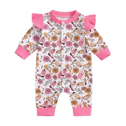 Arvbitana Newborn Baby Girl Long Sleeve Print Ruffle Oversized Bubble Romper Button Jumpsuit One Piece Outfit Fall Clothes (A-Dark Pink, 9-12 Months) Cover