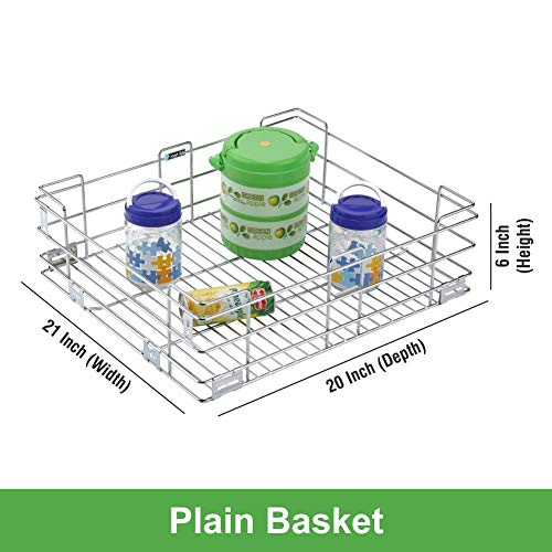 Image of SmartSlide Stainless Steel Plain Kitchen Drawer Basket (21 x 20 x 6 Inch) | Nickel-Chrome Glossy Finish | Heavy-Duty Pull-Out Organizer for Modular Cabinets & Utensils Storage