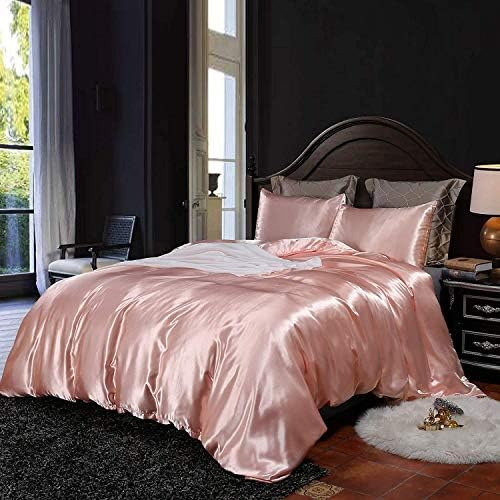 Feelyou Girls Duvet Cover Set Pink Silk Like Satin Bedding Sets Queen Size Solid Color Microfiber Comforter Cover with 2 Pillow Shams Soft Smooth Quilt Cover Set, Zipper Closure,3 Pieces