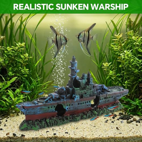 Image of Qpets Shipwreck Aquarium Decoration, Vintage Resin Fish Tank Ornament with Hiding Cave, Aquarium Decorative Item for Freshwater & Saltwater Aquariums