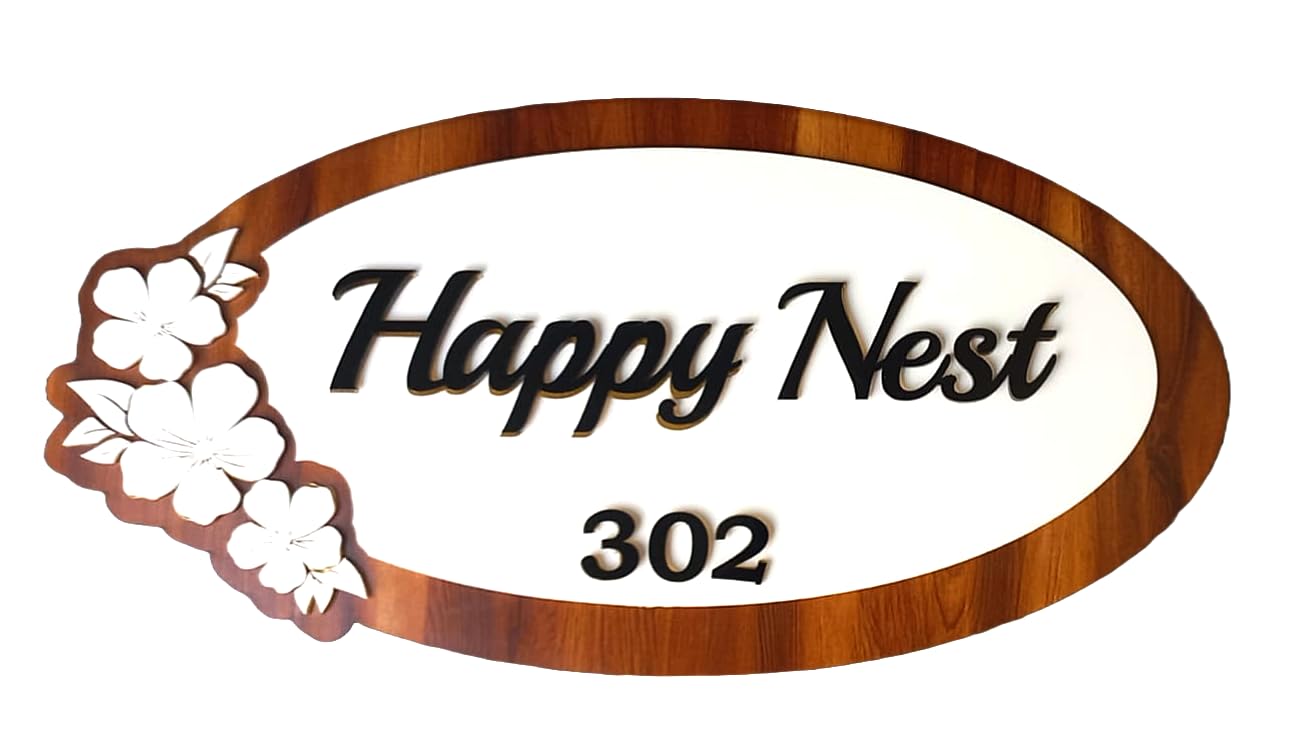 Branders Brown And white combination oval shape name plate with side flowers and 2mm thick laser cut black acrylic letters for home door entrance.(Various sizes). (16x8)-image-40
