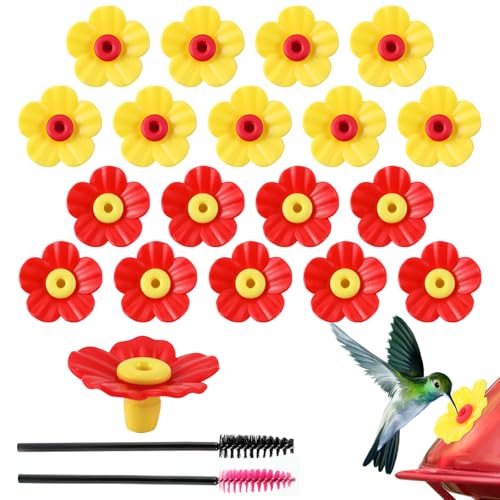 EXEXIUO 18 Pieces Hummingbird Feeders Replacement Flowers Pet Bird Feeder Replacement Feeding Ports with 2 Cleaning Brush for Outdoor Hanging Feeders(Red+Yellow)