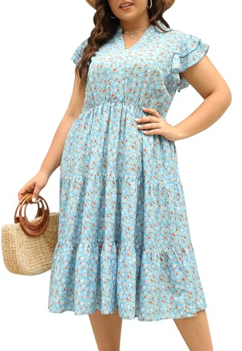 Image of Keluummi Plus Size Midi Dress for Curvy Women Wedding Guest Summer Floral Empire Waist Short Sleeve with Pockets (20 Plus, 10 - Light Blue Floral)