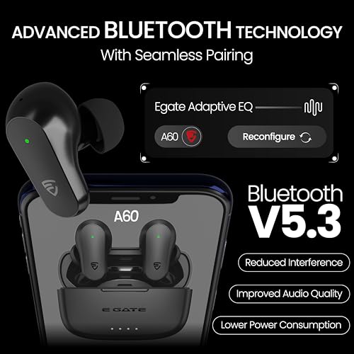 Image of E GATE A60 Gaming Earbuds with 60 Hrs Playtime, Quad Mic ENC,Touch Control, Low Latency, BT v5.3 Bluetooth Ear Buds with Voice Assistant, 10mm Bass Dynamic Driver, Water Resitant Wireless Earphones