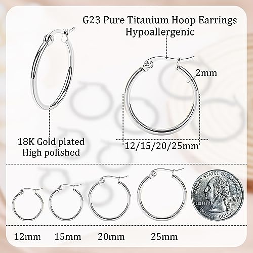 4 Pairs Titanium Hoop Earrings for Sensitive Ears Hypoallergenic Pure Titanium Earrings for Women Men G23 Lightweight Small Huggie Hoop Earrings Set 12MM 15MM 20MM 25MM2