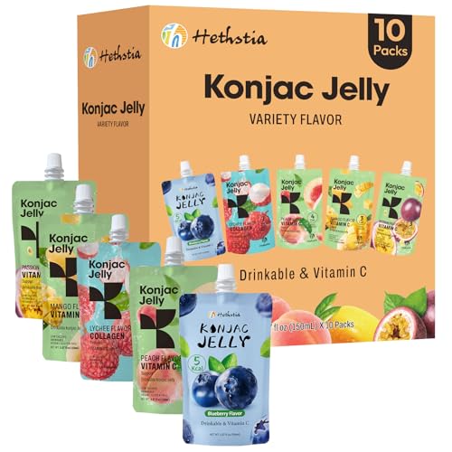 Hethstia Konjac Jelly Variety Pack, 10 Drinkable Jelly Pouches – Lychee, Blueberry, Peach, Mango, Passion Fruit – Vegan, Low Calorie, Keto, Gluten-Free, Vitamin C Healthy Snack Variety (Lych