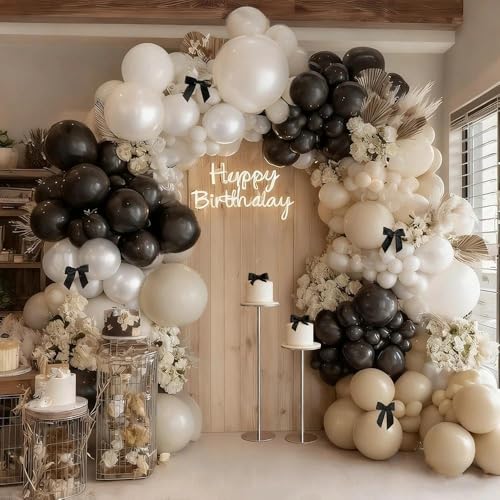 Image of Black White Balloon Arch, Double Stuffed Pearl White Black Bow Balloon Garland Cream Ivory Sand Latex Balloons for Birthday Wedding Bridal Shower Engagement New Year Party Decorations