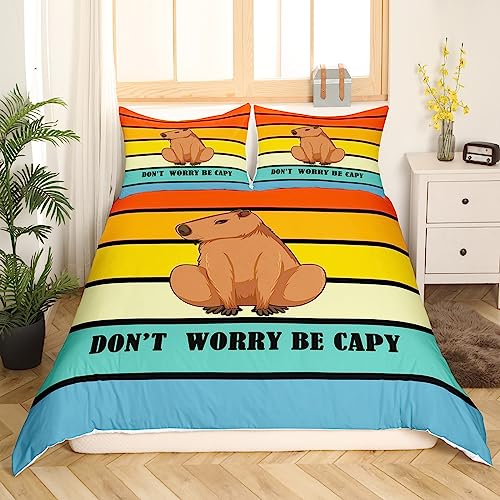 Cute Capybara Bedding Set for Boys Girls Kids Funny Animal Comforter Cover Rainbow Aesthetic Geometric Stripes Duvet Cover Cartoon Kawaii Pet Quilt Cover with Zipper Closure & Corner Ties - Image 2