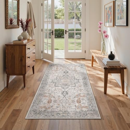 GENIMO Vintage Teppich 80x150cm, Waschbare Teppiche, Boho Teppich, Teppiche Wohnzimmer, Klein Carpet rutschfest, Schlafzimmer, Esszimmer, Büro, Beige
