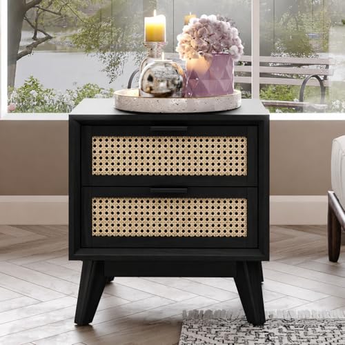 Image of Bedside Table for Bedroom, Hotels | Wooden Bed Side Nightstand Lamp Table with 2 Drawers Storage | Solid Wood Side End Table for Living Room, Home | with Rattan Cane- Black Finish