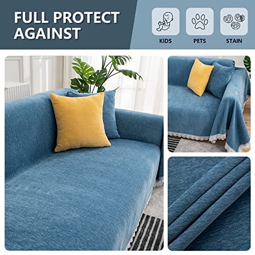 Mysky Home Sectional Sofa Covers Blue Couch Covers For 3 Cushion Couch Sofa Chenille Couch Cover Living Room Multi-Use L Shaped Sofa Slipcovers For Dogs Cats Kids Lace Edge 71" X 134" #TOP1