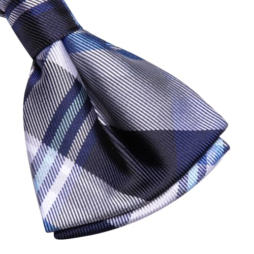 Image of Hi-Tie Bow Tie Men Pre Tied Bowtie Pocket Square Cufflinks Lapel Pin Formal Wedding Bow Ties for Men Party Tuxedo Bowtie Set,Blue White Plaid