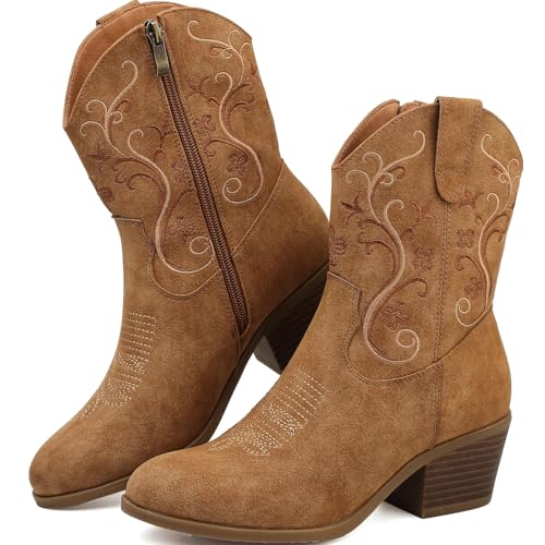 Cowboy Boots for Women Cowgirl Boots Women Short Side Zip Embroidered Tan