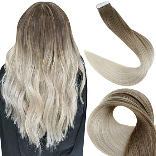 Tape in Hair Full Shine Tape on Real Human Hair Extensions 20 Inch Glue in Hair 25 Grams Color 8 Ash Brown Fading to 60 Blonde