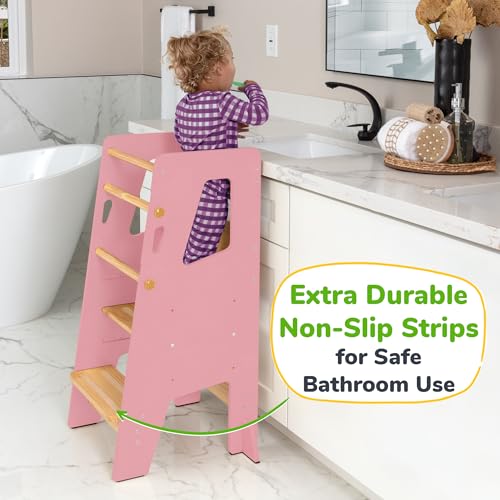 Toddler Standing Tower - Adjustable Height Toddler Kitchen Stool Helper - Ideal Kids Kitchen Step Stool for Learning New Skills - Updated Design with Safety Feet - Pink