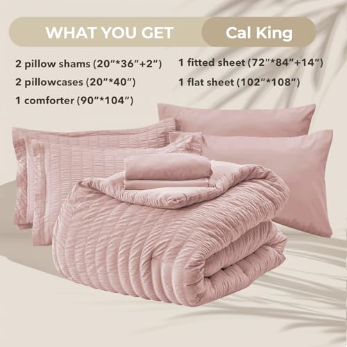 Image of HYMOKEGE Rose Gold California King Comforter Set Seersucker 7 Pieces, All Season Luxury Bed in a Bag Queen for Bedroom, Bedding Set with Comforter, Sheets, Pillowcases & Shams