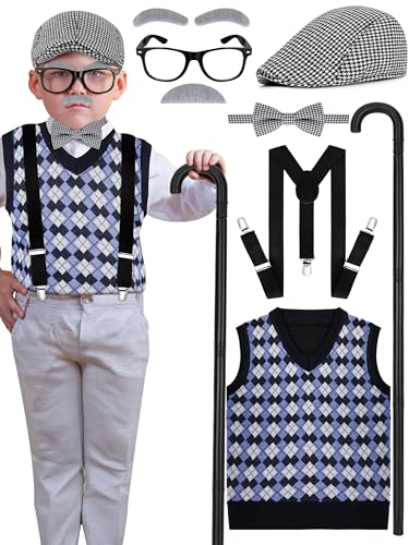 Luces 100th Day of School Costume Set, Boys Old Man Costume Glasses Hat Accessories, Kids 100th Day of School Outfit Set