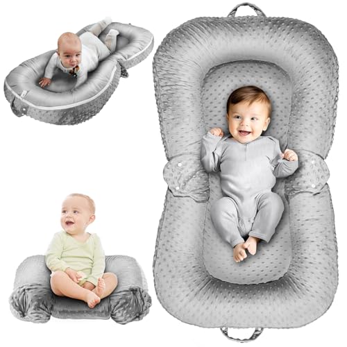 Image of Baby Lounger Pillow : 3-in-1 Infant Lounger for Newborn 0-24 Months, Portable Tummy Time Mat for Home and Travel, Breathable & Soft Baby Seat for Baby, Babies Essentials Gifts, Grey